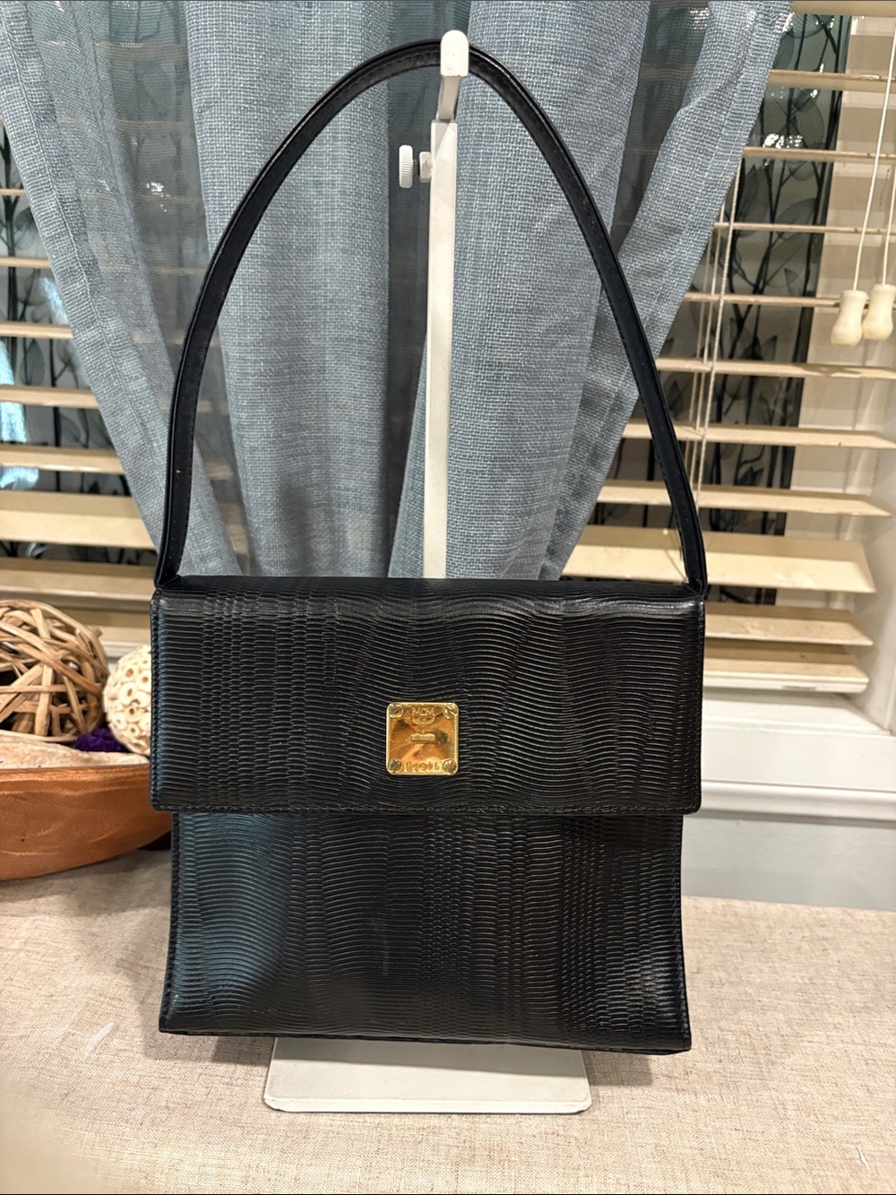 MCM Vintage Black Textured Shoulder Bag with Gold Plate